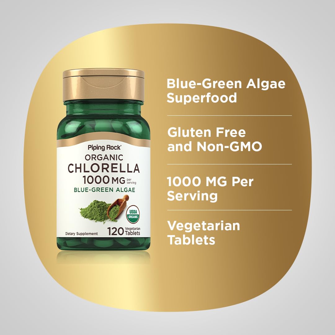 Étiquette biologique de Piping Rock Chlorella, garantie de qualité et d’origine.