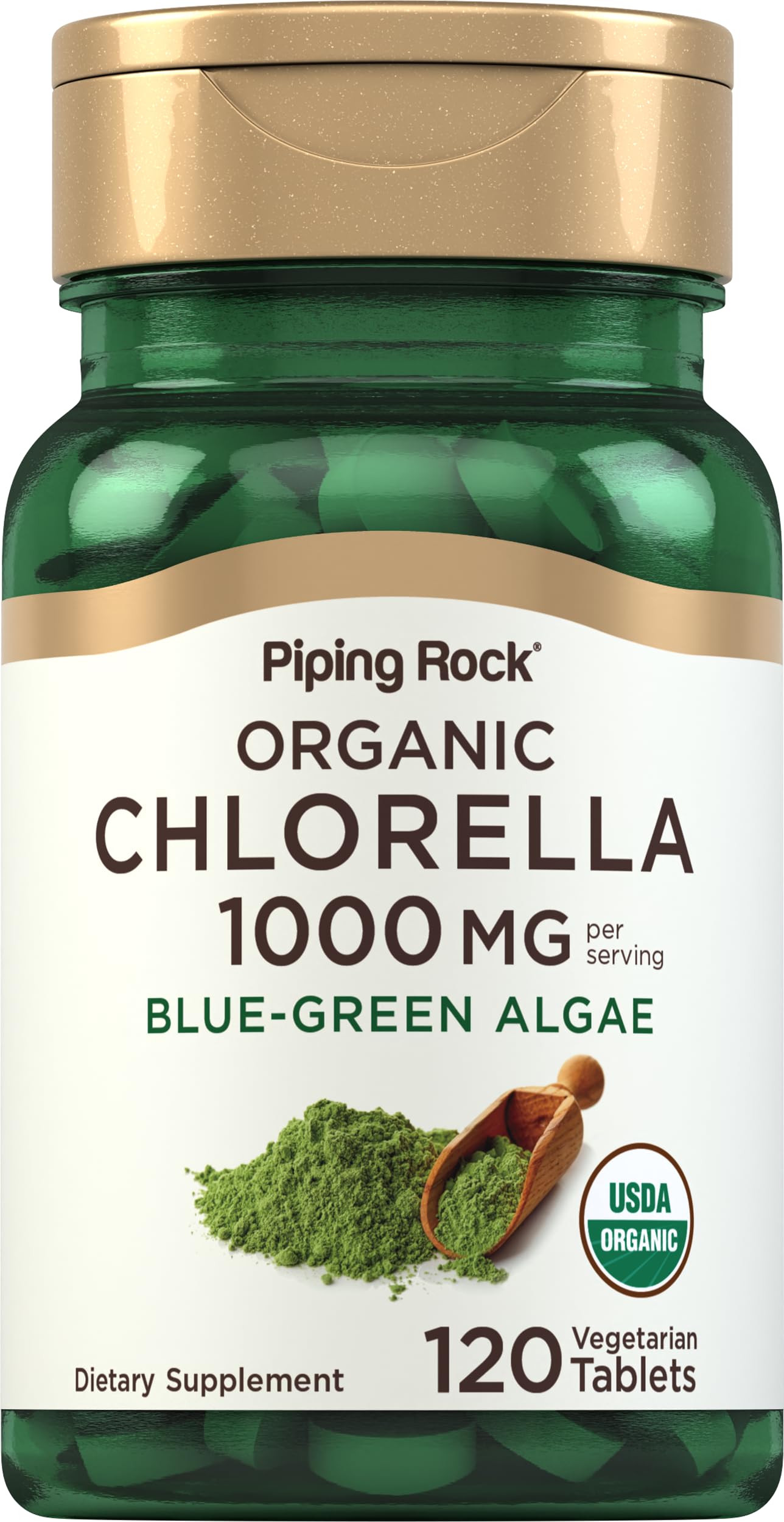 Piping Rock Chlorella tablettes 1000 mg, algue bleu-vert, apport quotidien possible.