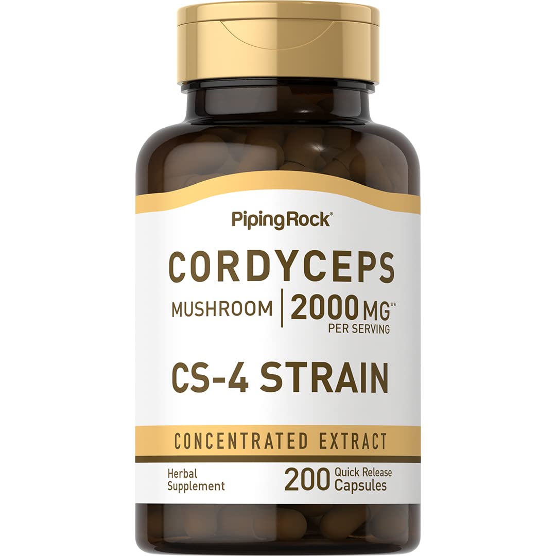 Capsules Cordyceps Piping Rock, format 200, ingestion facile au quotidien.
