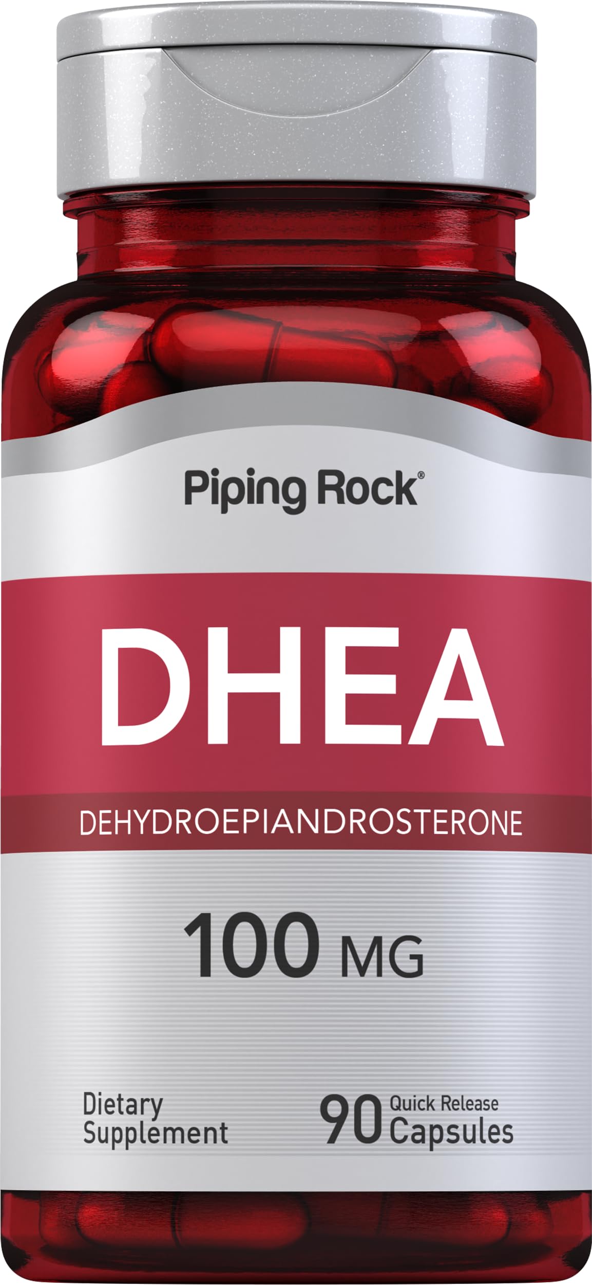 Piping Rock DHEA, bouteille 90 capsules, dosage 100 mg par capsule, pratique.