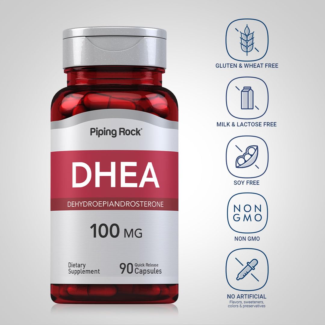 Étiquette Piping Rock DHEA sans OGM et sans gluten.