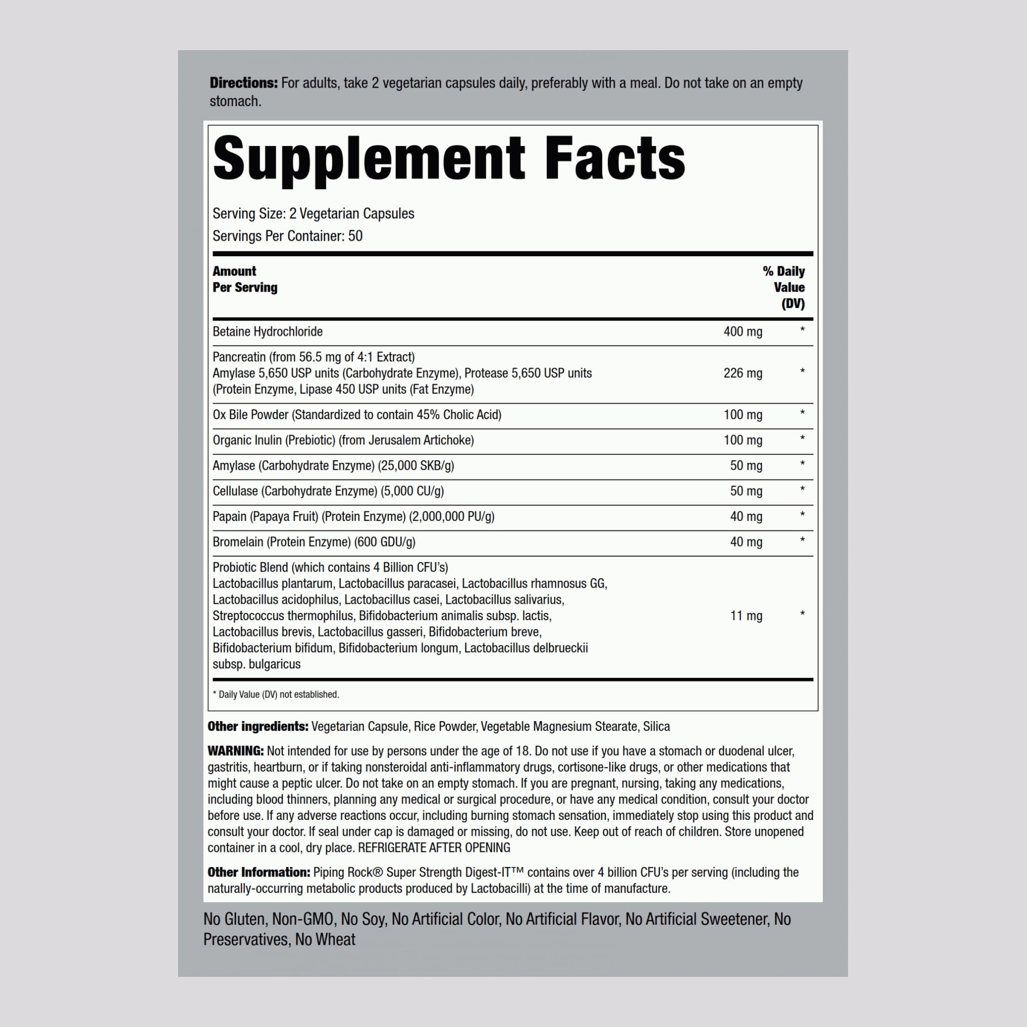 Piping Rock Digestive Enzymes — capsules, format pratique pendant les repas.