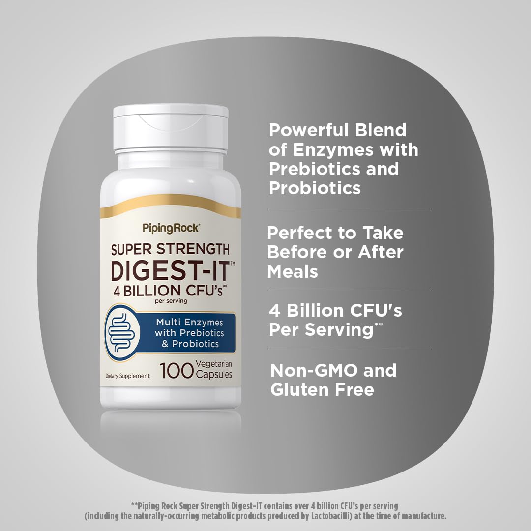 Piping Rock Digestive Enzymes — ingrédients-probiotiques visibles, soutien intestinal quotidien.