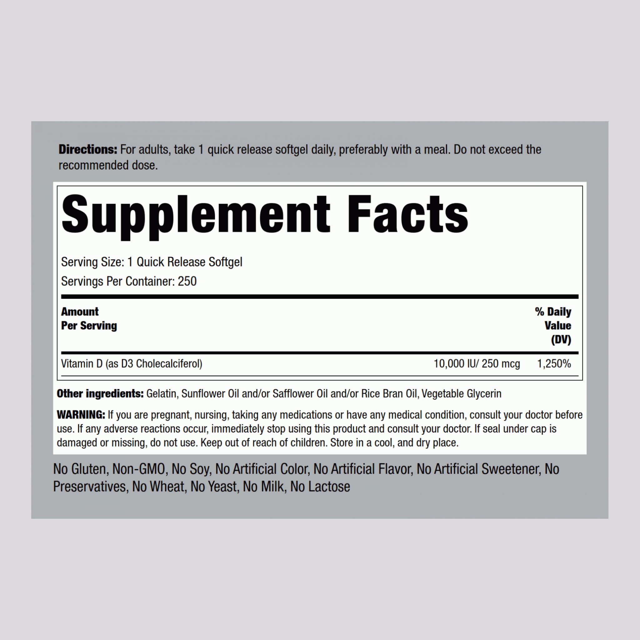 Piping Rock Vitamine D3 – emballage indiquant Non-OGM et Sans Gluten