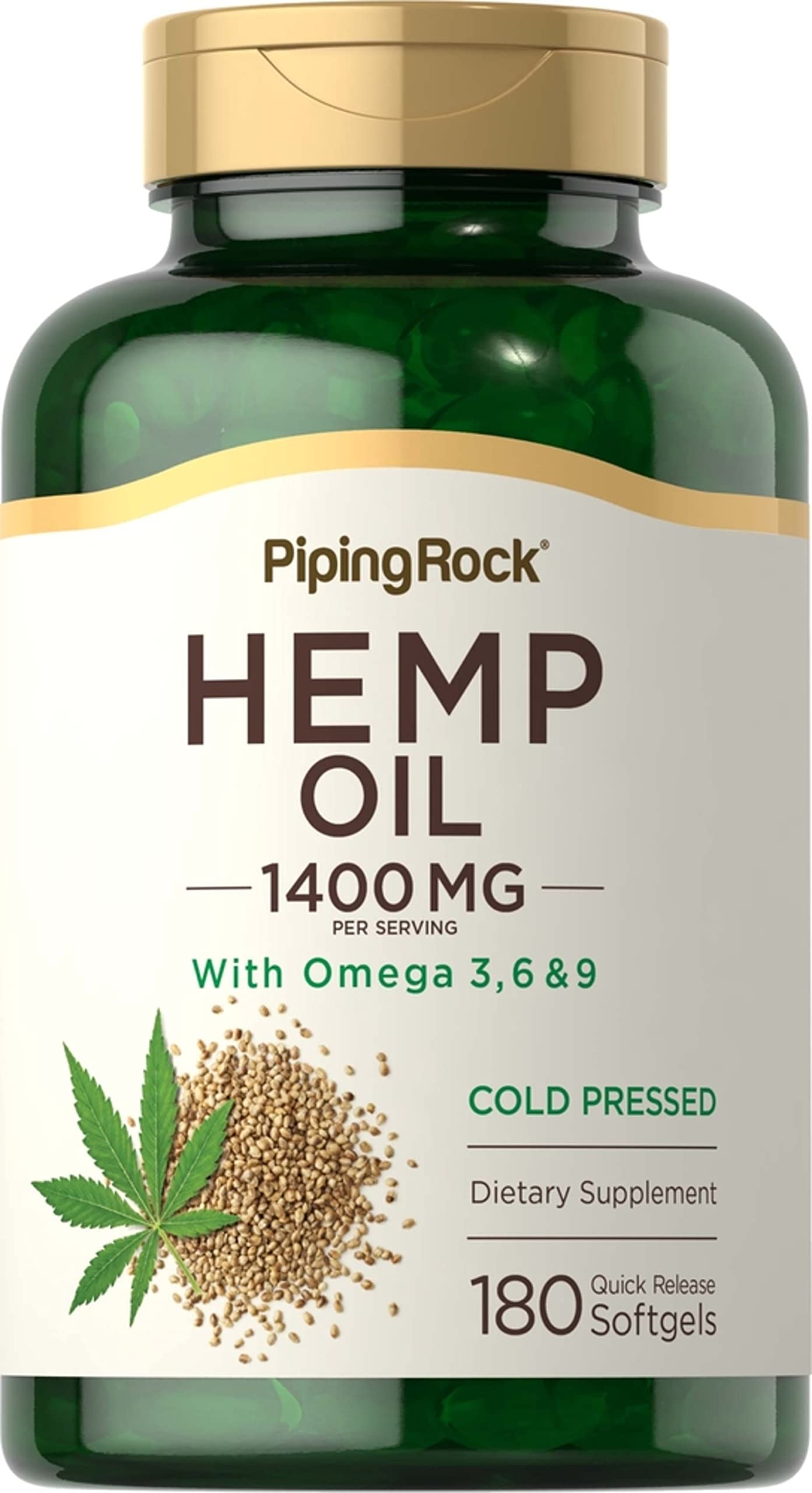 Capsules d'huile de chanvre Piping Rock sur l'emballage, source naturelle d'Omega 3-6-9.