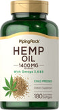 Capsules d'huile de chanvre Piping Rock sur l'emballage, source naturelle d'Omega 3-6-9.