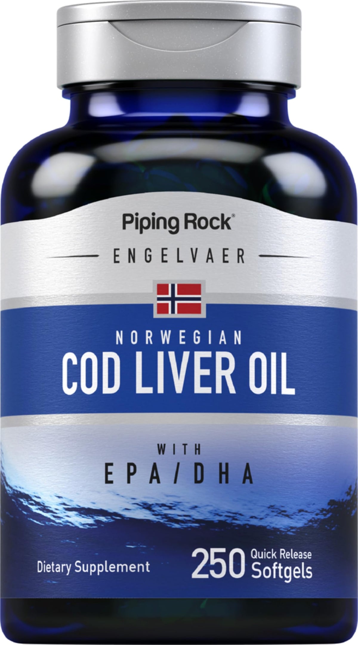 Gélules Piping Rock huile foie morue, faciles à avaler pour l'apport en oméga-3.