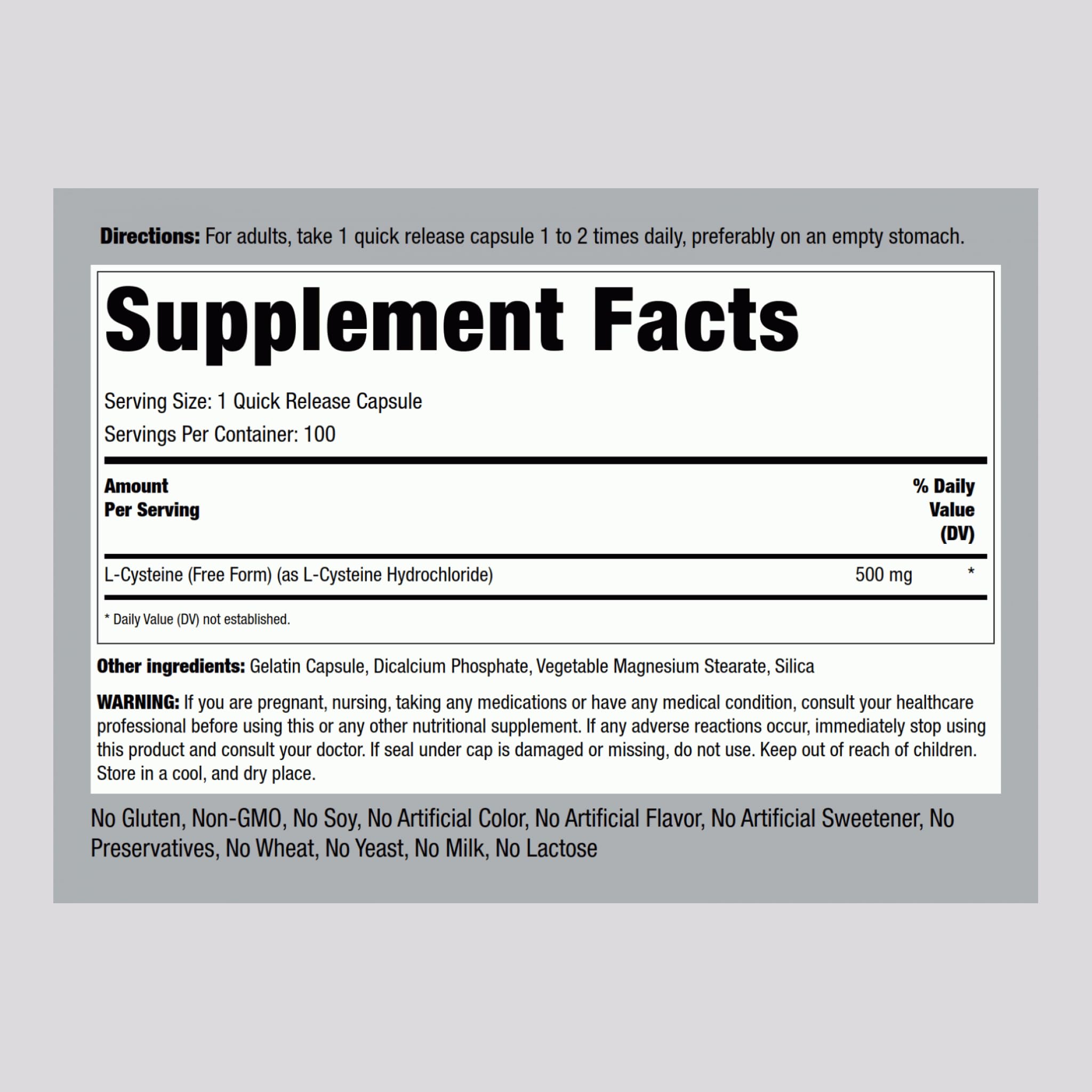 Étiquette lisible sur la bouteille Piping Rock L-Cystéine 500 mg, facile à repérer pour votre routine.