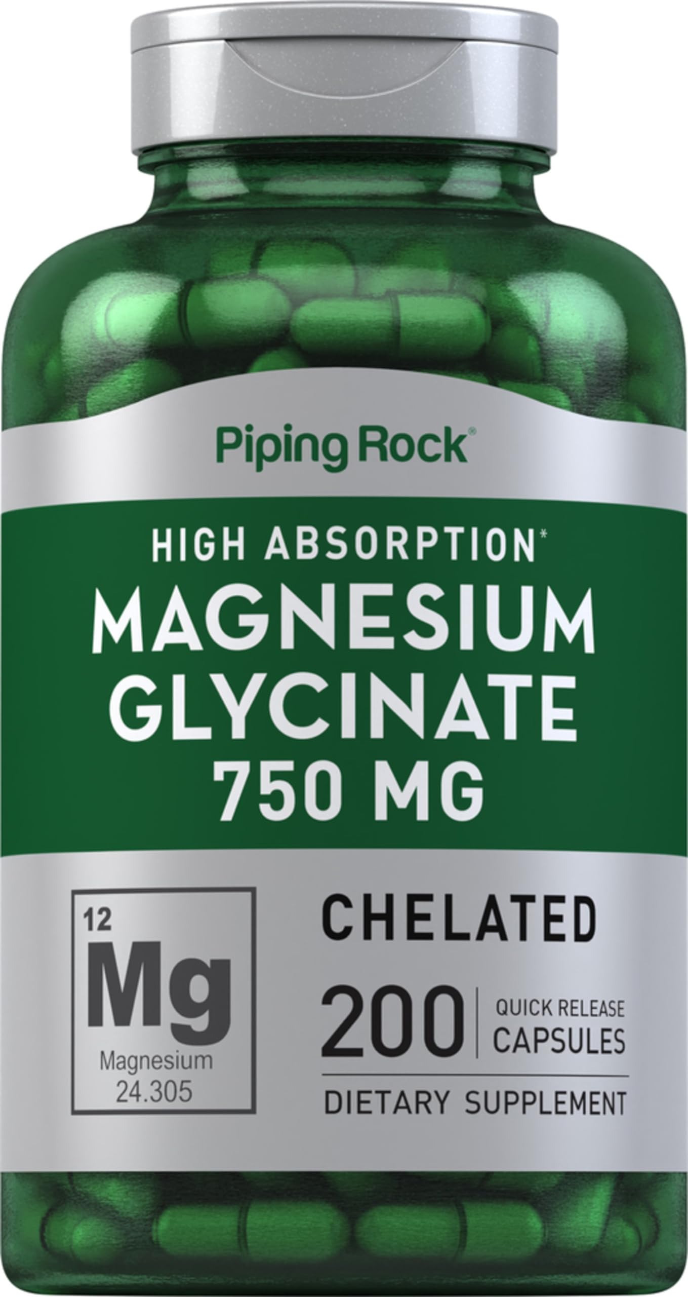 Piping Rock magnésium glycinate 750 mg, bouteille prête à l'usage quotidien.