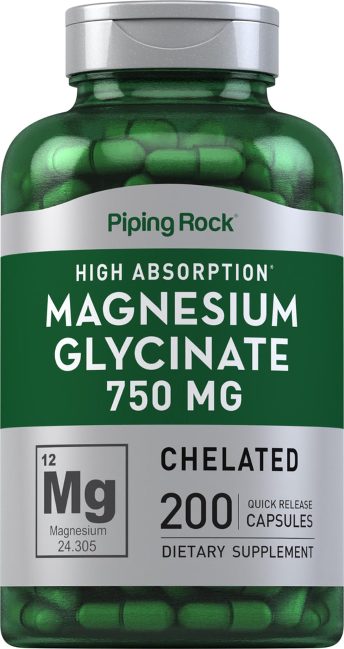 Piping Rock magnésium glycinate 750 mg, bouteille prête à l'usage quotidien.