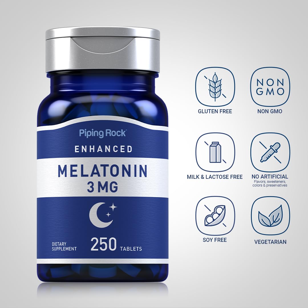 Piping Rock Mélatonine 3mg, formulation végétarienne sans OGMs.