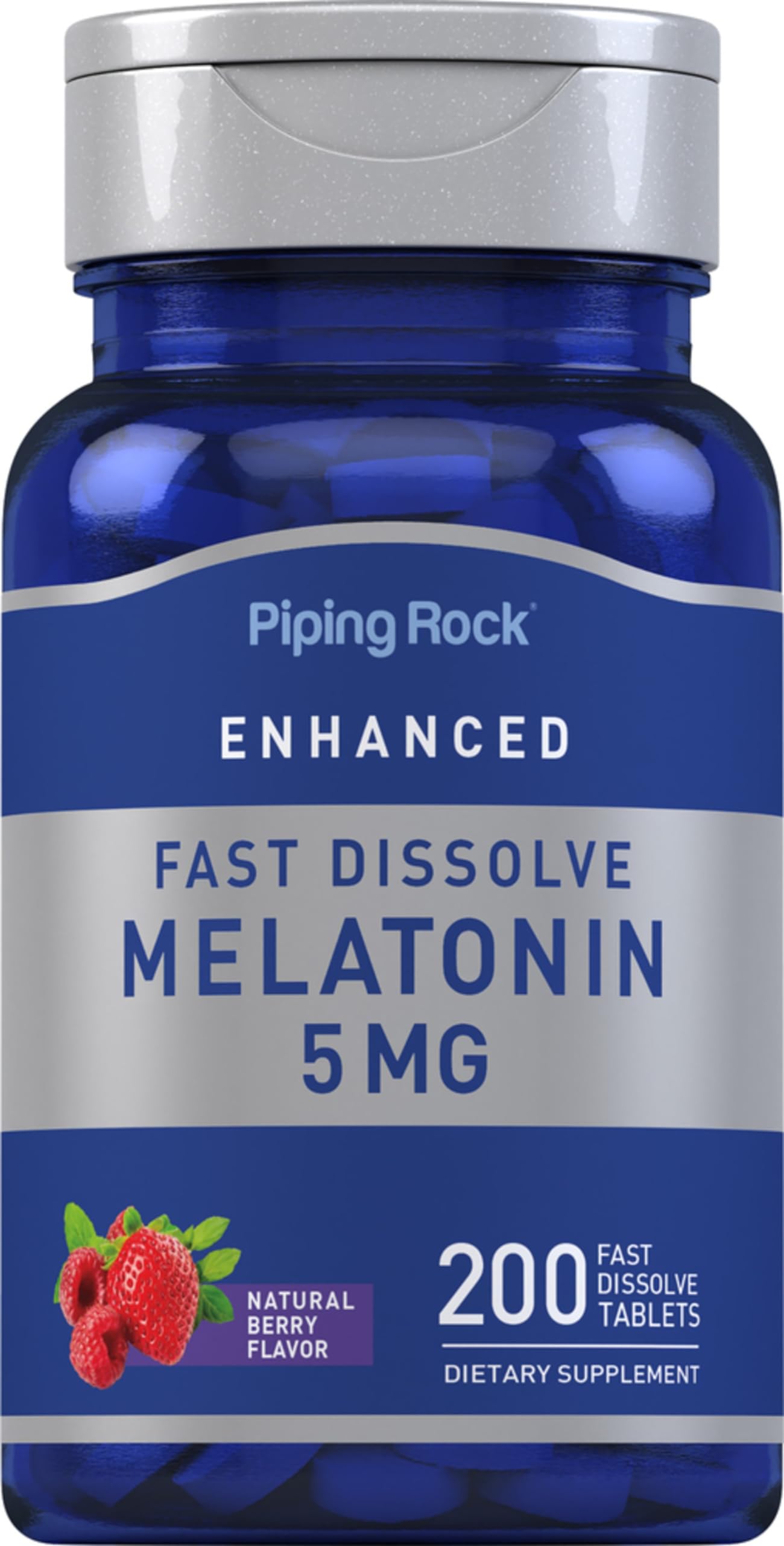 Piping Rock Mélatonine 5 mg – bouteille avec tablettes dissolution rapide, pratique pour le soir.