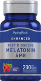 Piping Rock Mélatonine 5 mg – bouteille avec tablettes dissolution rapide, pratique pour le soir.
