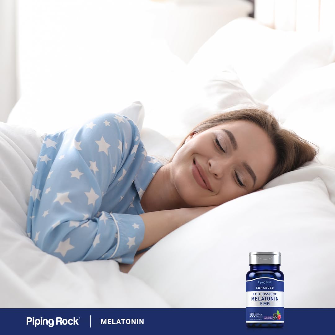 Emballage clair et informatif de la Mélatonine 5 mg de Piping Rock.