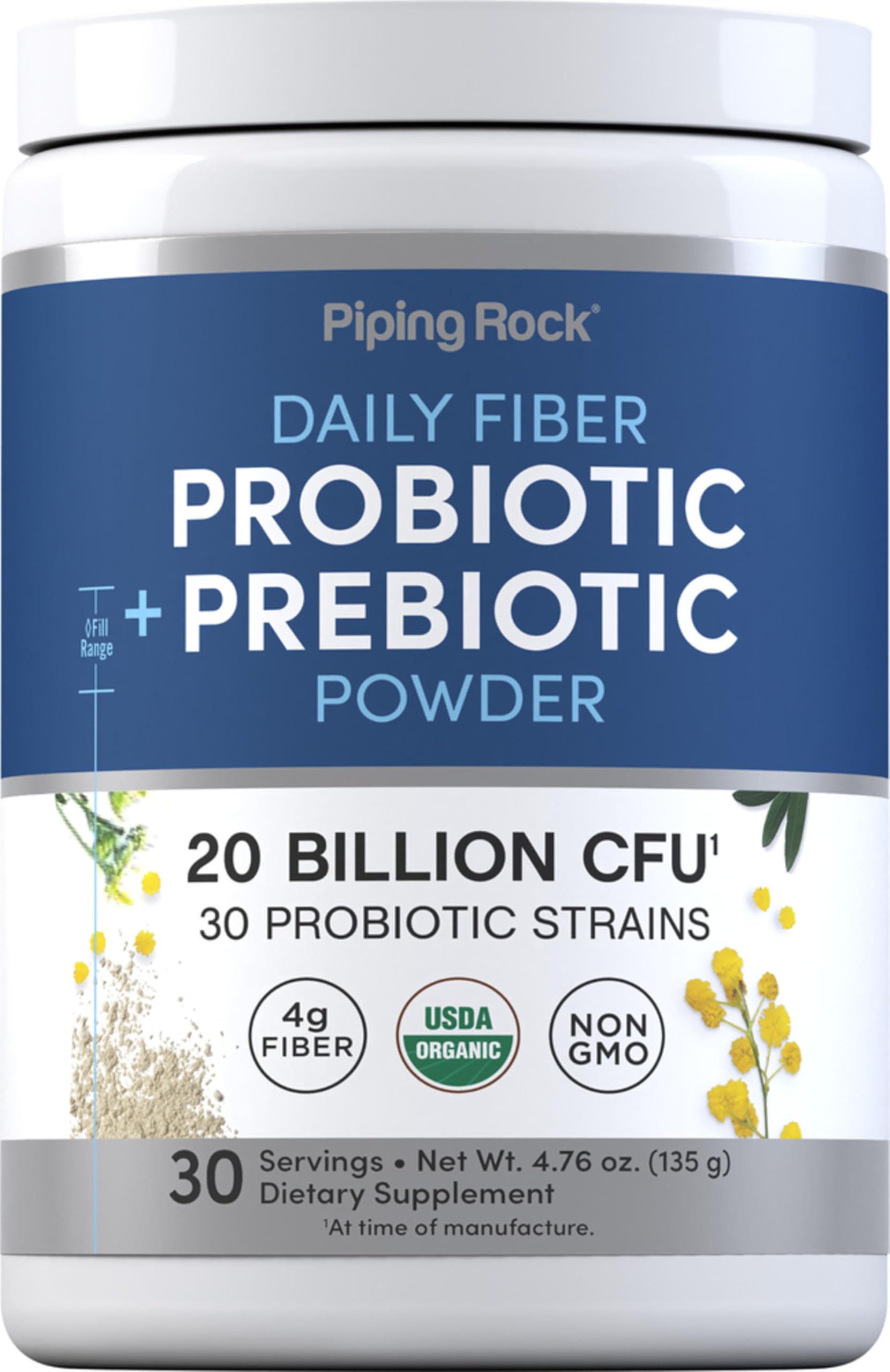 Piping Rock Poudre Probiotiques et Prébiotiques – bouteille prête à mélanger pour boissons quotidiennes.