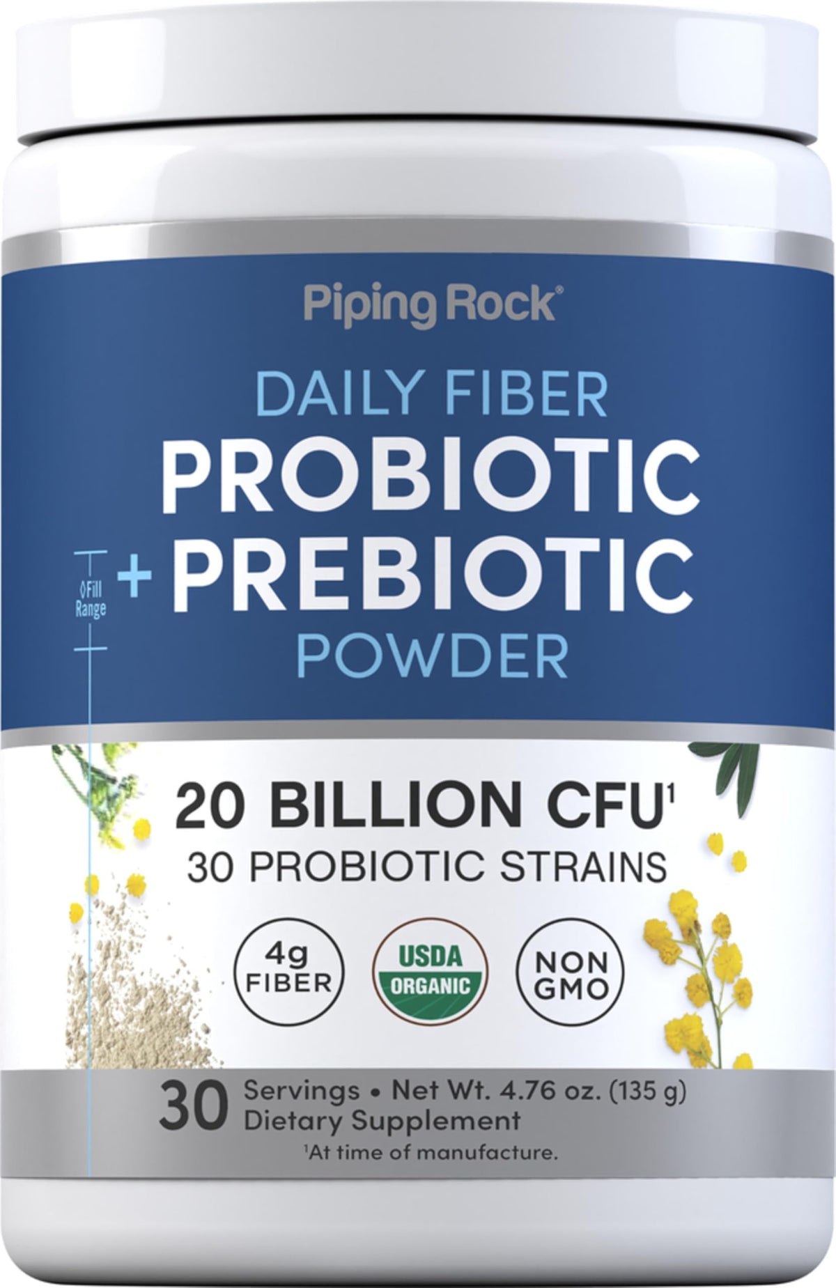 Piping Rock Poudre Probiotiques et Prébiotiques – bouteille prête à mélanger pour boissons quotidiennes.