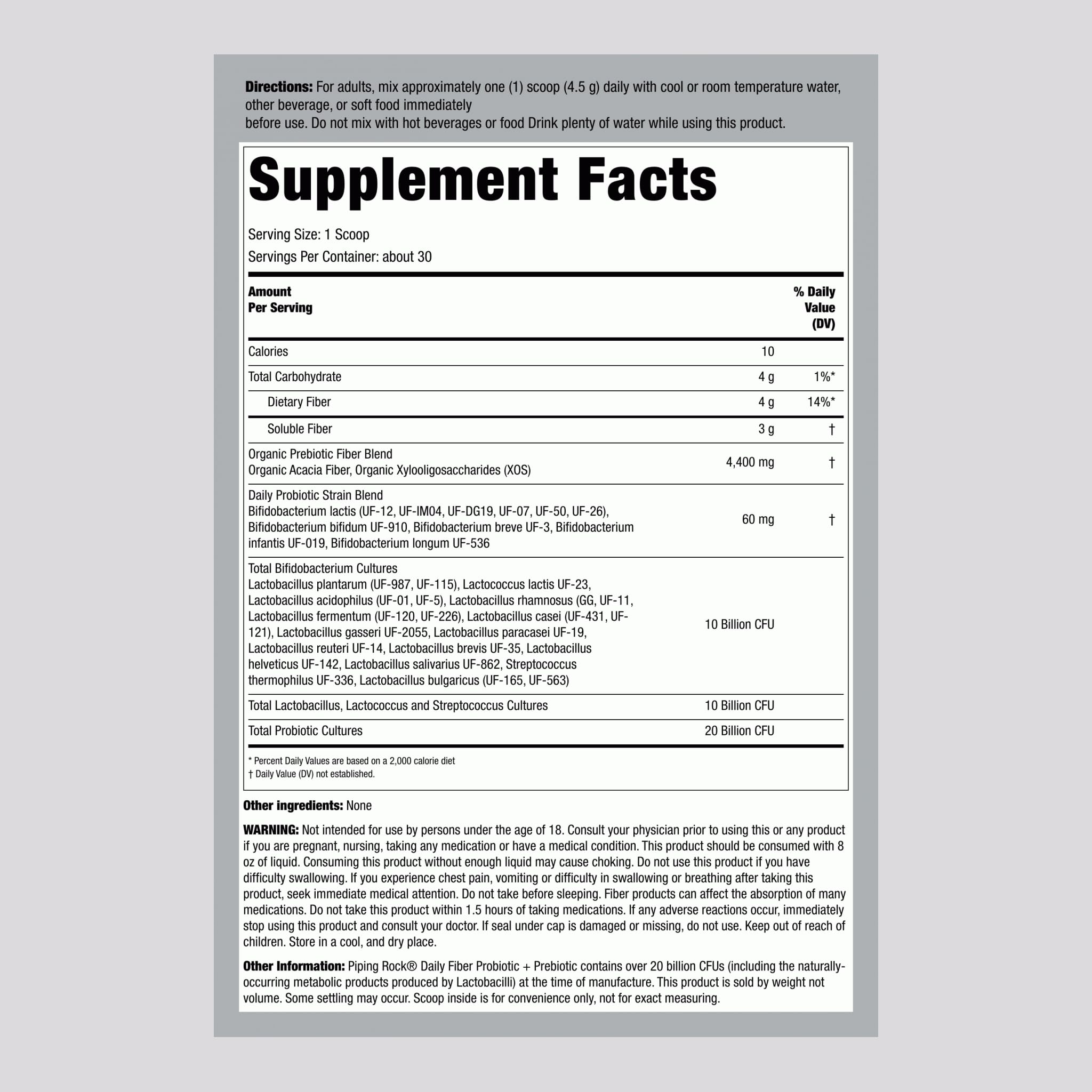 Piping Rock Poudre Probiotiques et Prébiotiques – doseur inclus pour dosage pratique.