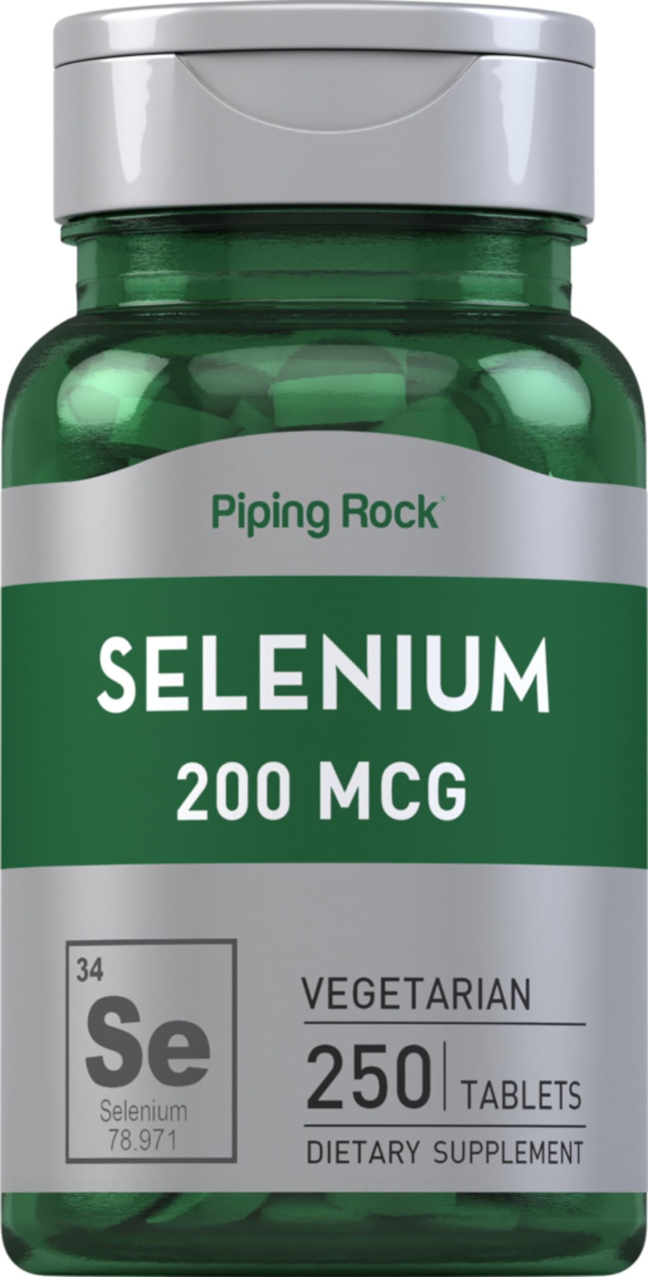 Piping Rock Selenium 200mcg, flacon-tablettes, usage quotidien pour compléter l'apport nutritionnel.