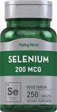 Piping Rock Selenium 200mcg, flacon-tablettes, usage quotidien pour compléter l'apport nutritionnel.
