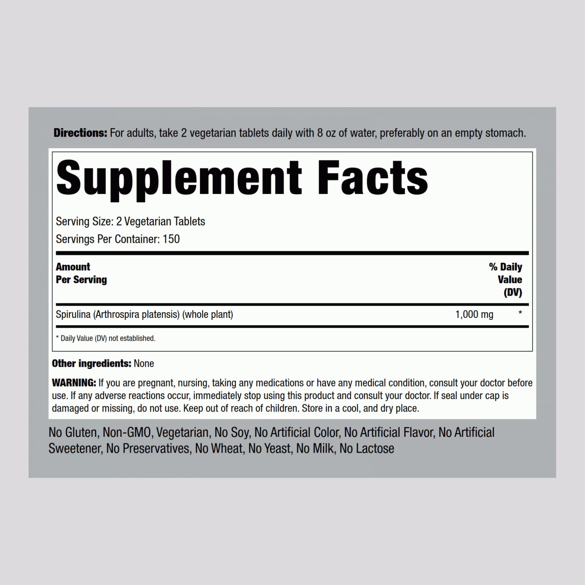 Piping Rock Spiruline bouteille ouverte pour une prise pratique.