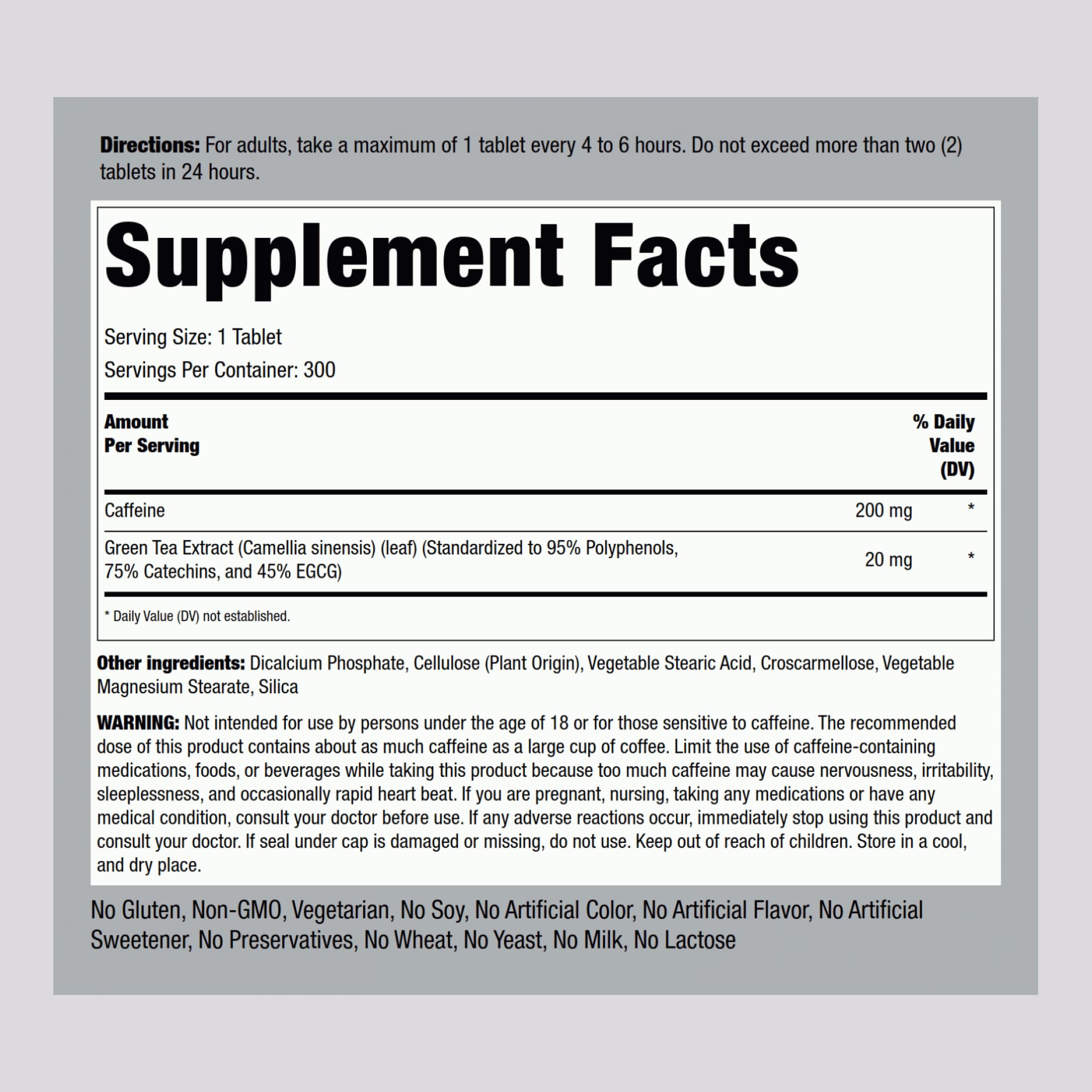 Piping Rock tablettes caféine 220 mg — emballage clair, prise facile.
