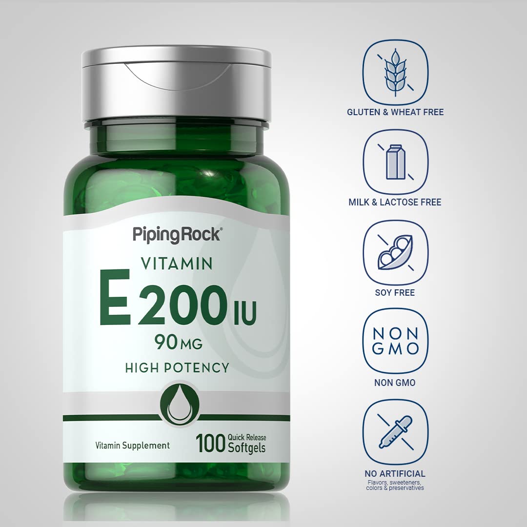 Étiquette Vitamine E de Piping Rock et liste d'ingrédients pour traçabilité.