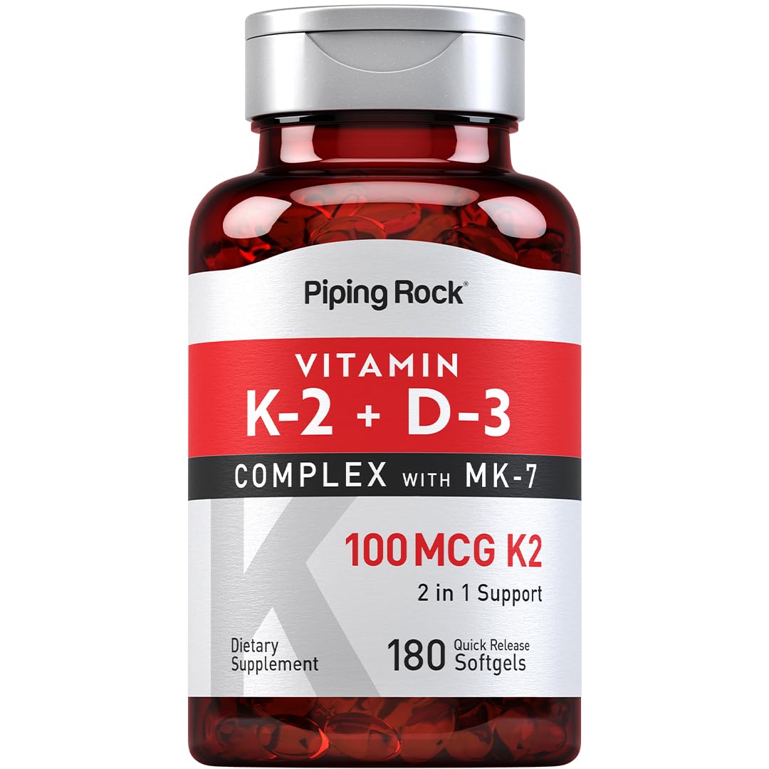 Piping Rock Vitamine K2 D3, bouteille de gélules molles pour une prise pratique.