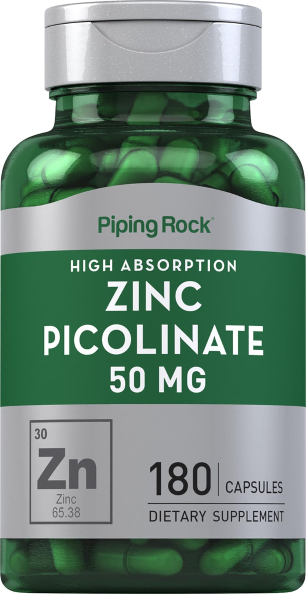 Piping Rock Zinc Picolinate 50mg - bouteille visible, soutien potentiel au mode de vie sain.