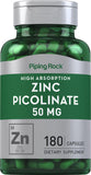 Piping Rock Zinc Picolinate 50mg - bouteille visible, soutien potentiel au mode de vie sain.