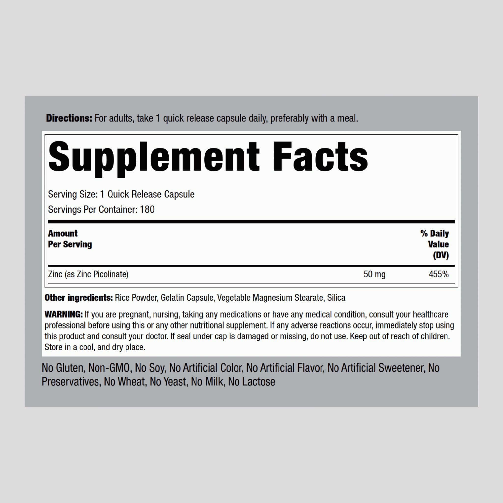 Piping Rock Zinc Picolinate 50mg - capsules à libération rapide utilisées au quotidien.