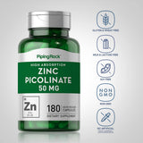 Piping Rock Zinc Picolinate 50mg - étiquette indiquant sans OGM et sans gluten.