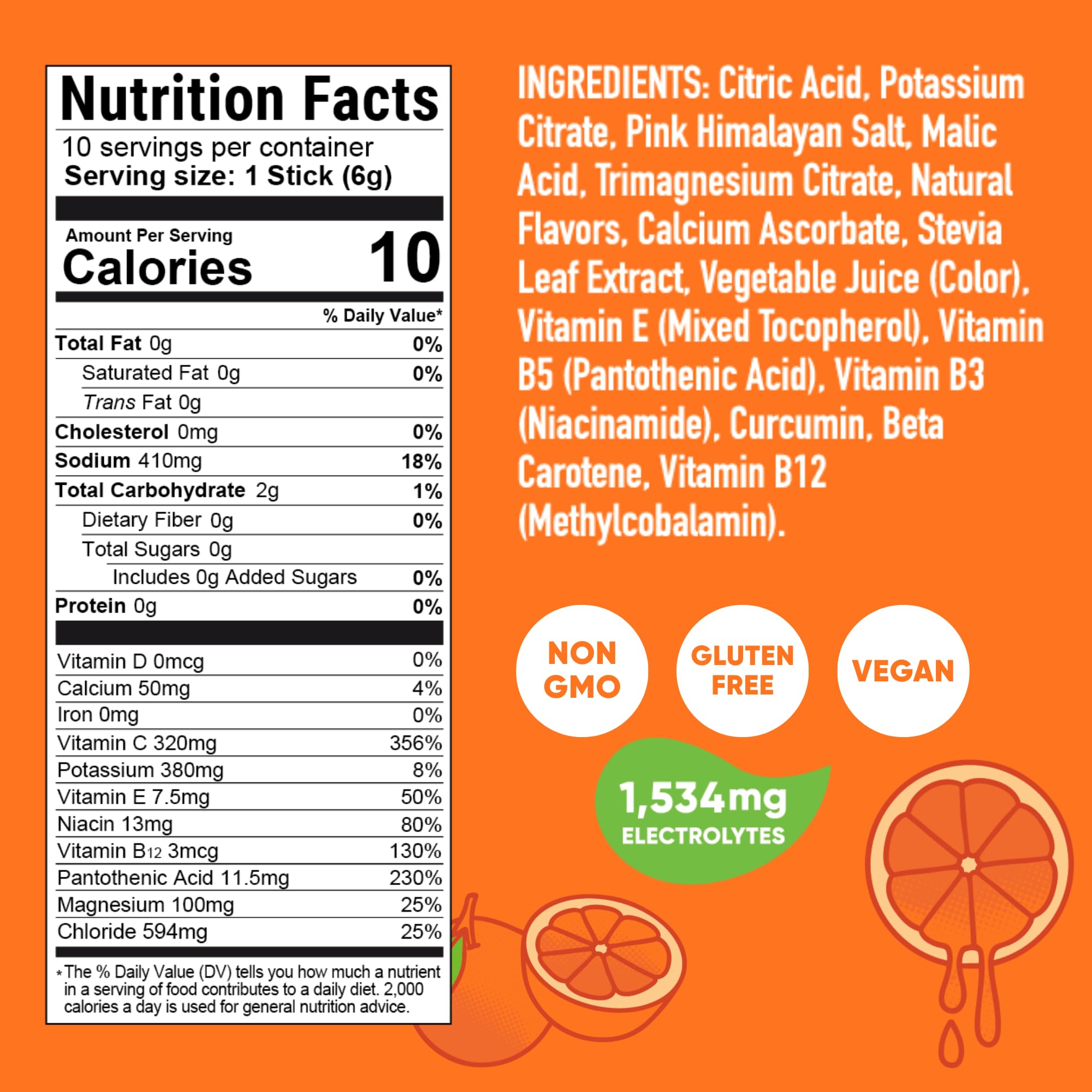 Pirq Hydration poudre orange, mélange électrolytes et vitamines B.