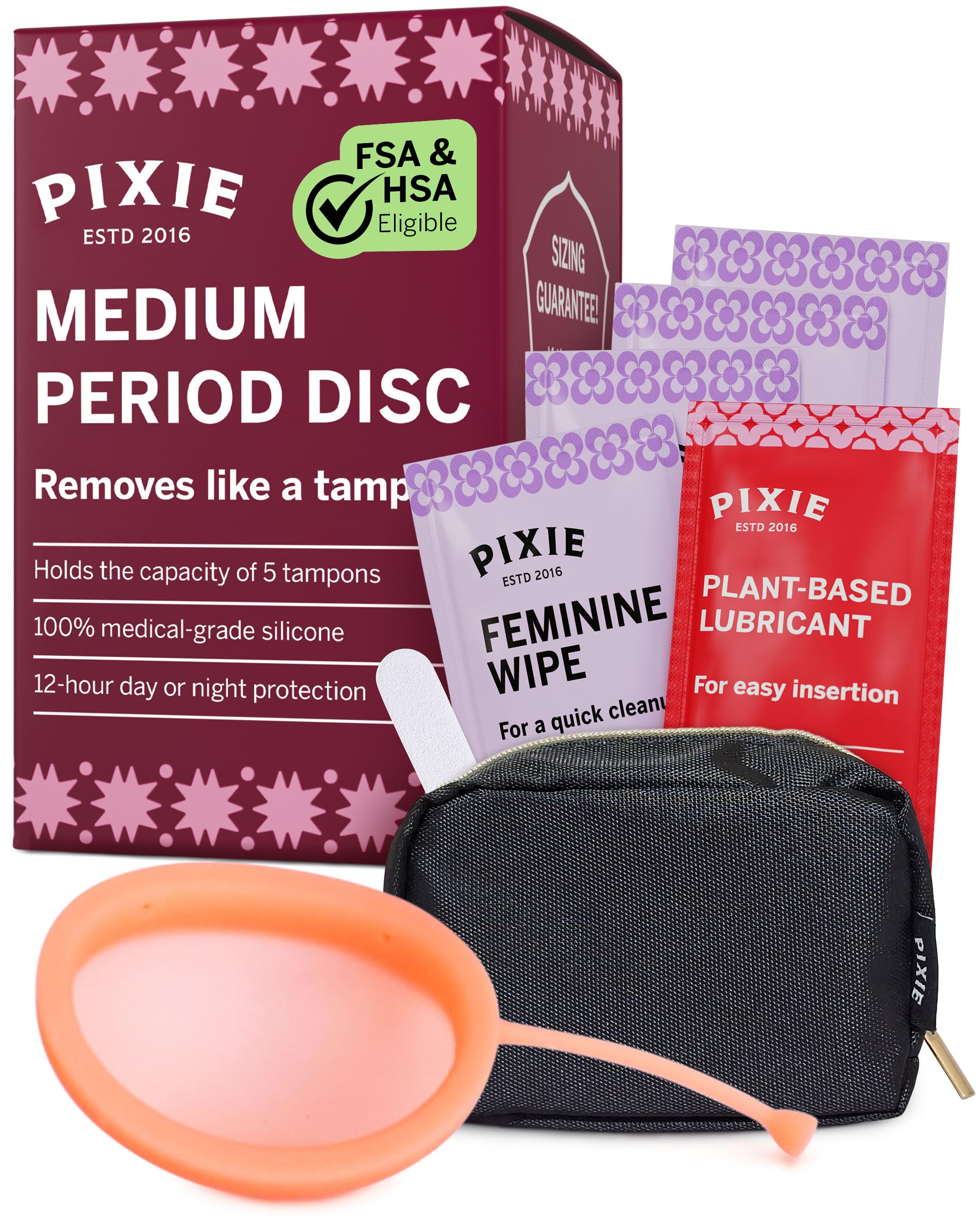 Pixie Cup Disc emballage clair montrant l’option d’essai sans tampon.