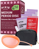 Pixie Cup Disc emballage clair montrant l’option d’essai sans tampon.