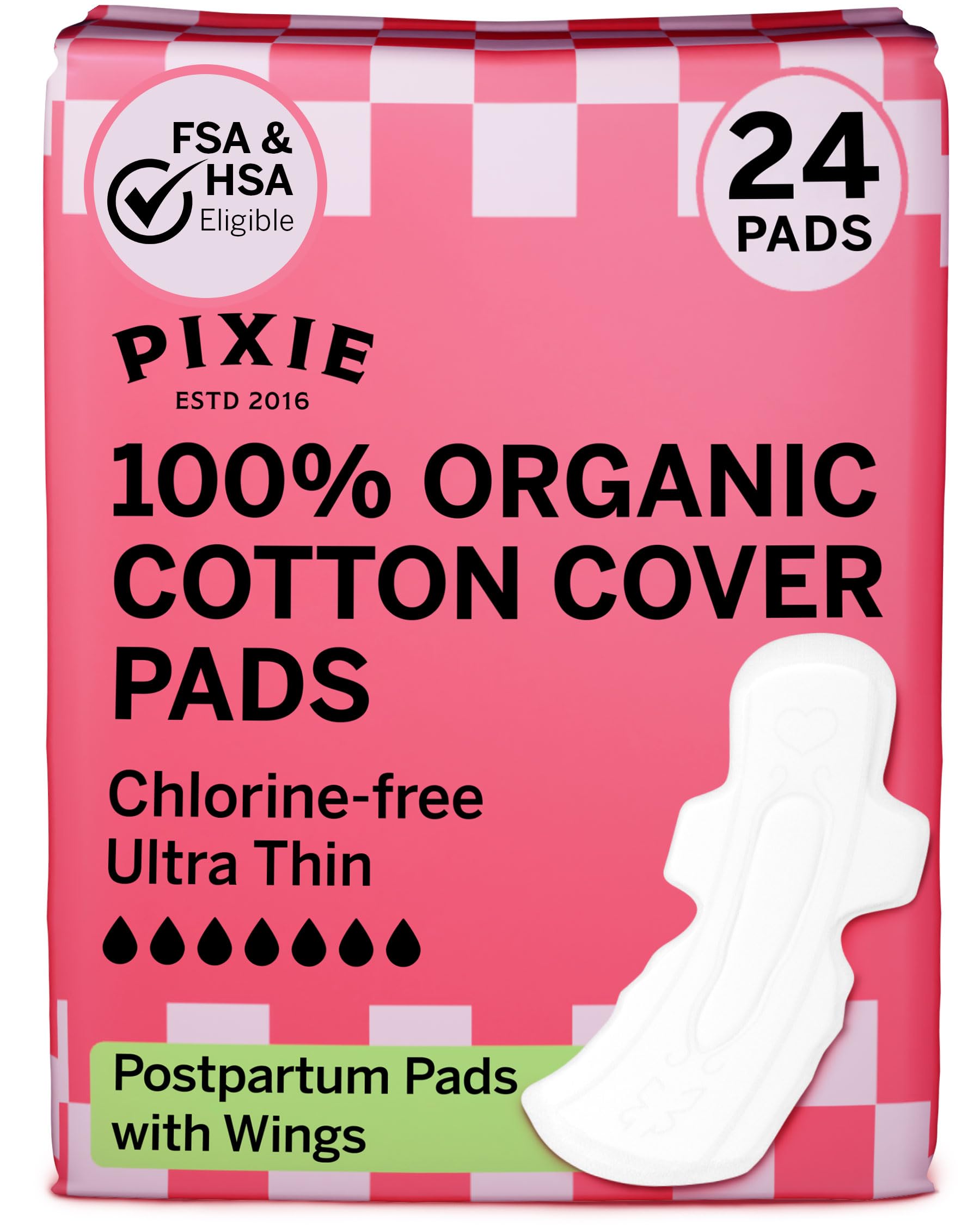 Pixie Cup pad postpartum extra-forte avec ailes pour protection fiable.