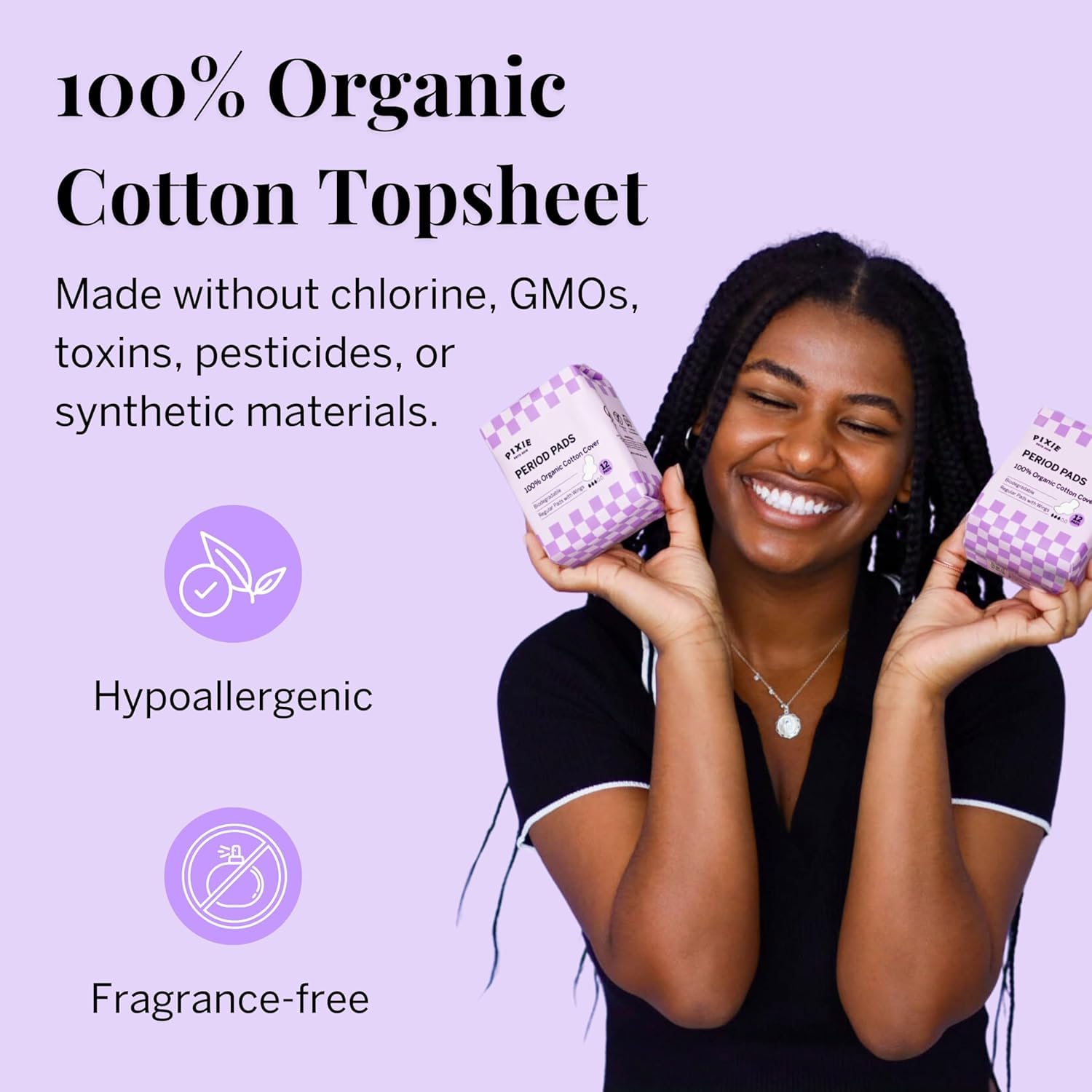 Pixie Cup serviettes hygiéniques coton bio ailes pour fuite discrète.