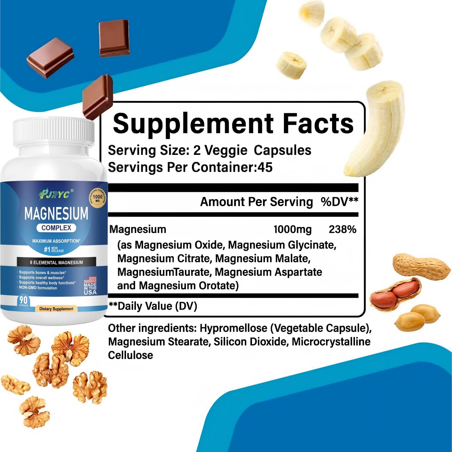 PJRYC Magnésium Complex, utilisation recommandée: 2 capsules par jour