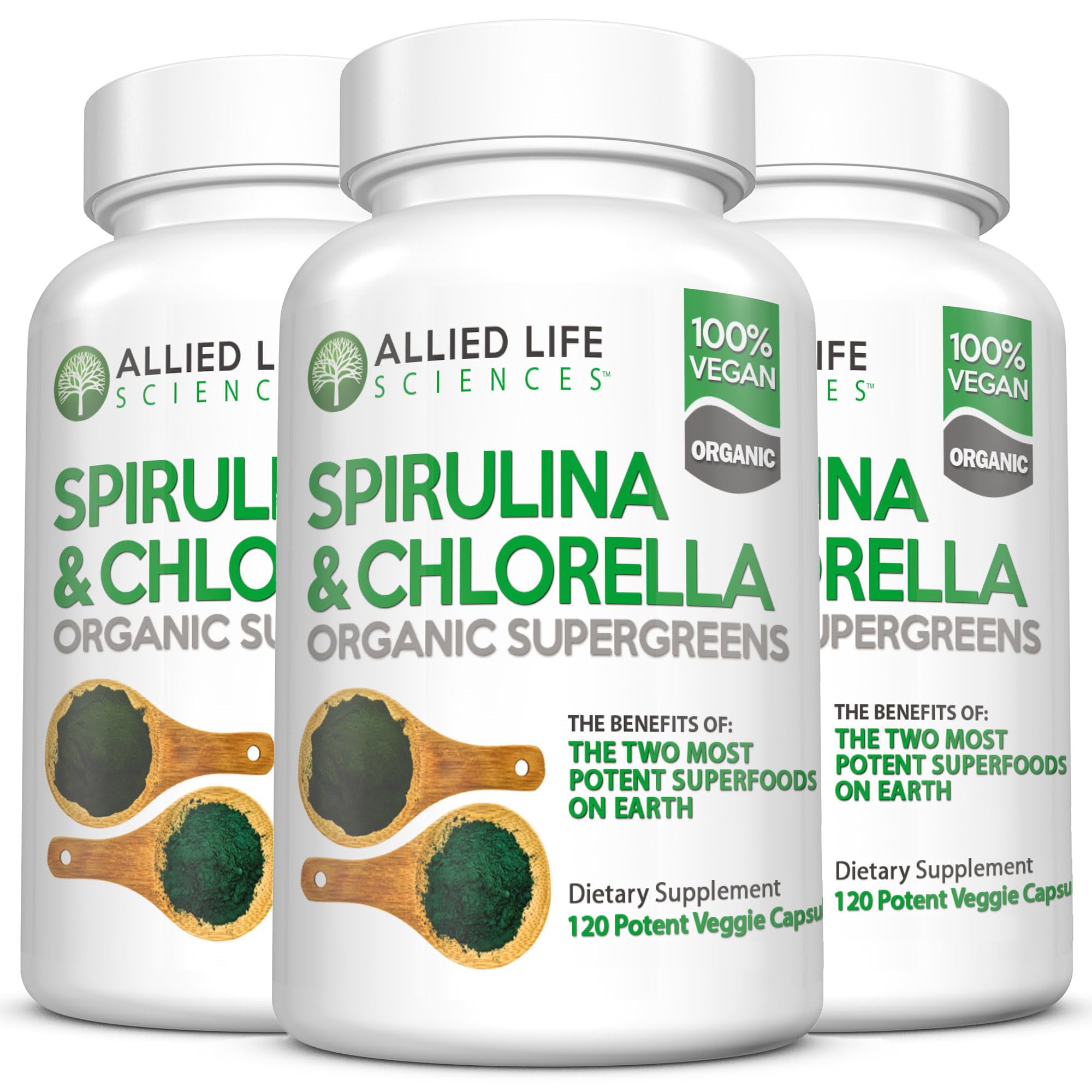 Plan de travail avec flacon Allied Life Spiruline et Chlorelle évoque énergie naturelle.