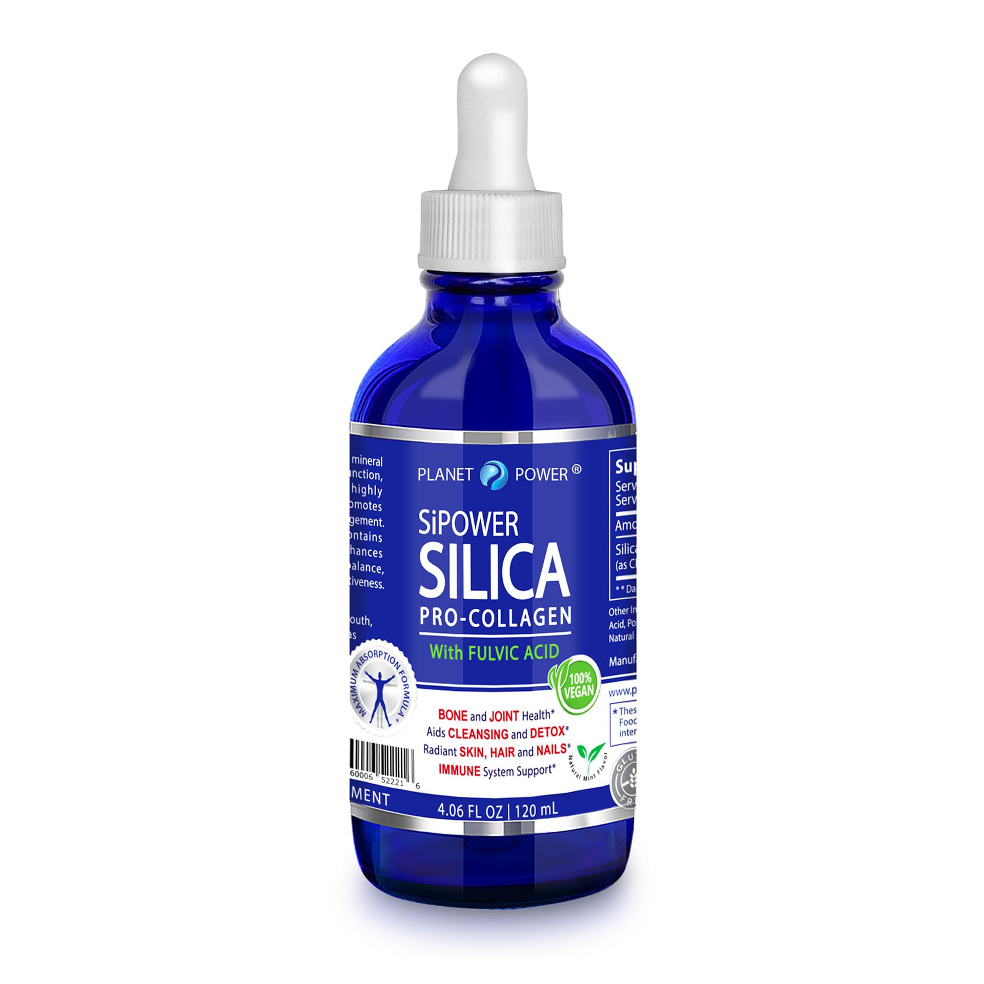 Planet Power SiPower Silice dans une bouteille en verre, soutien potentiel des articulations.