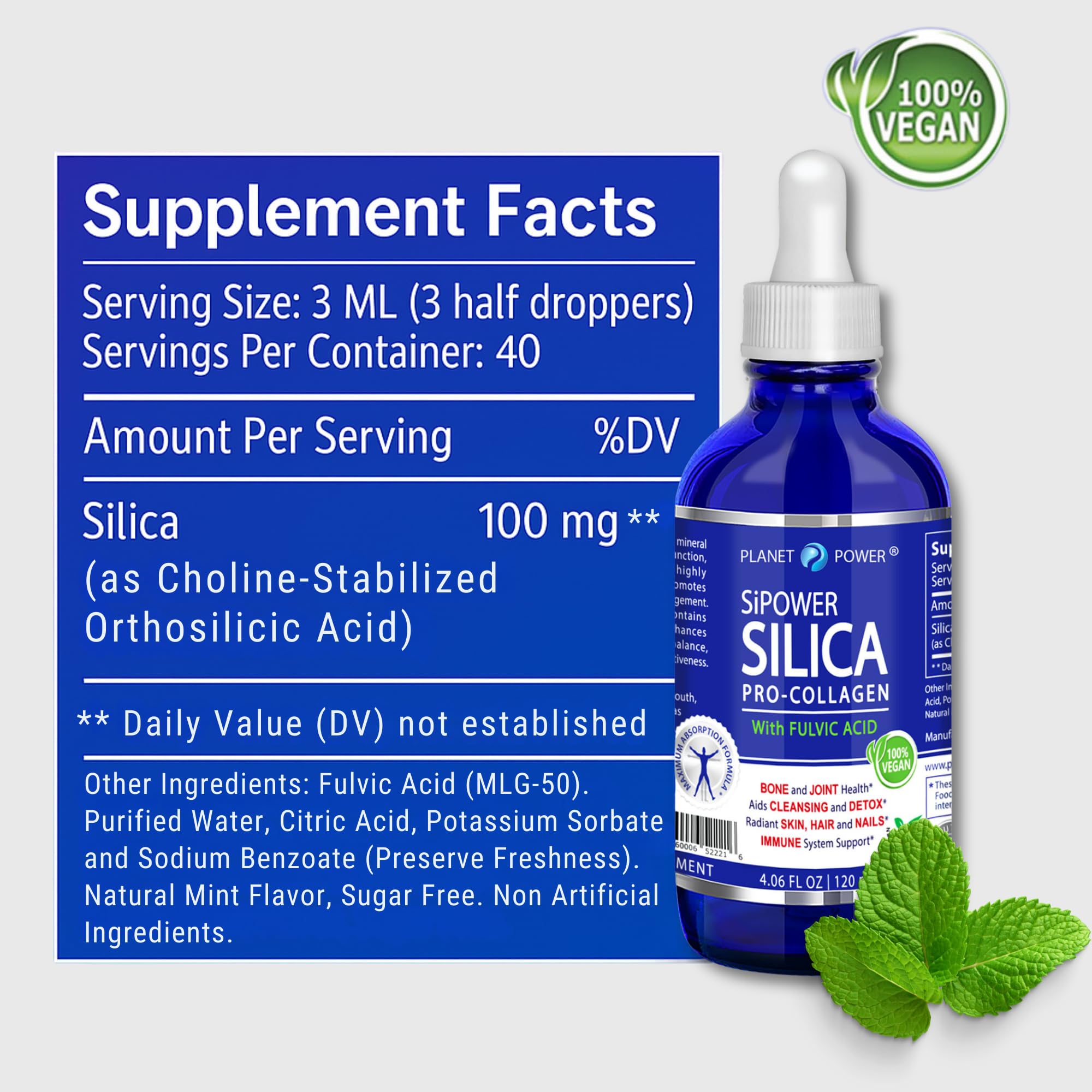 Planet Power SiPower Silice: dose concentrée, pratique à ajouter à une routine quotidienne.