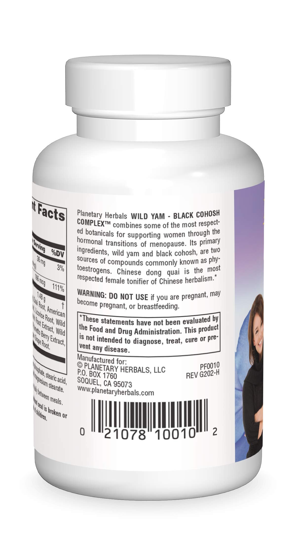 Planetary Herbals Wild Yam-Black Cohosh Tablettes, étiquette nette montrant les ingrédients naturels pour le soutien hormonal