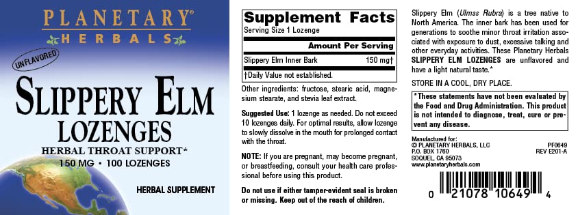 Planetary Herbals Slippery Elm Lozenges écorce intérieure naturelle.