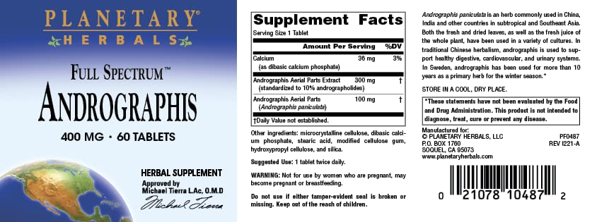 Planetary Herbals andrographis 400 mg, emballage – présentation et dosage clairs.