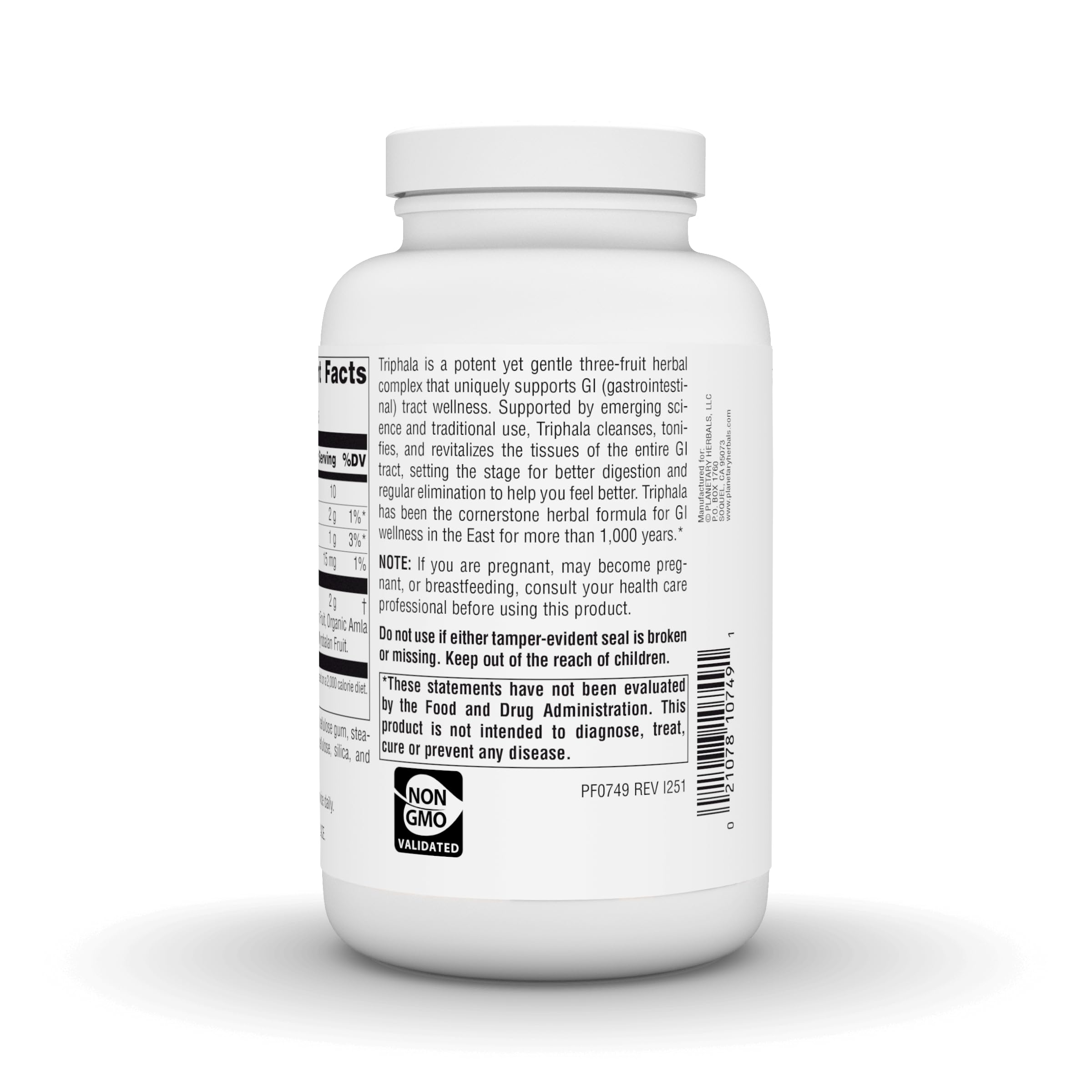 Étiquette nutrition Planetary Herbals Triphala 1000mg pour comprendre la dose quotidienne.