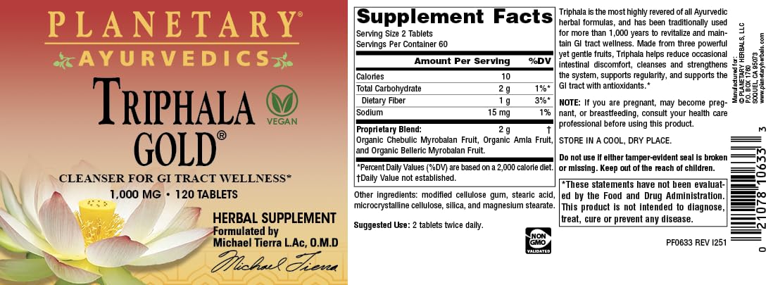 Planetary Herbals Triphala Gold, usage-quotidien-digestion, utile pour une routine digestive régulière.