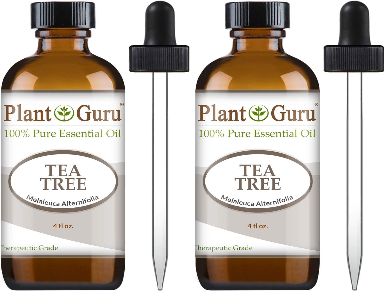 Plant Guru huile essentielle arbre à thé — flacon clair prêt pour soins de peau et cheveux.