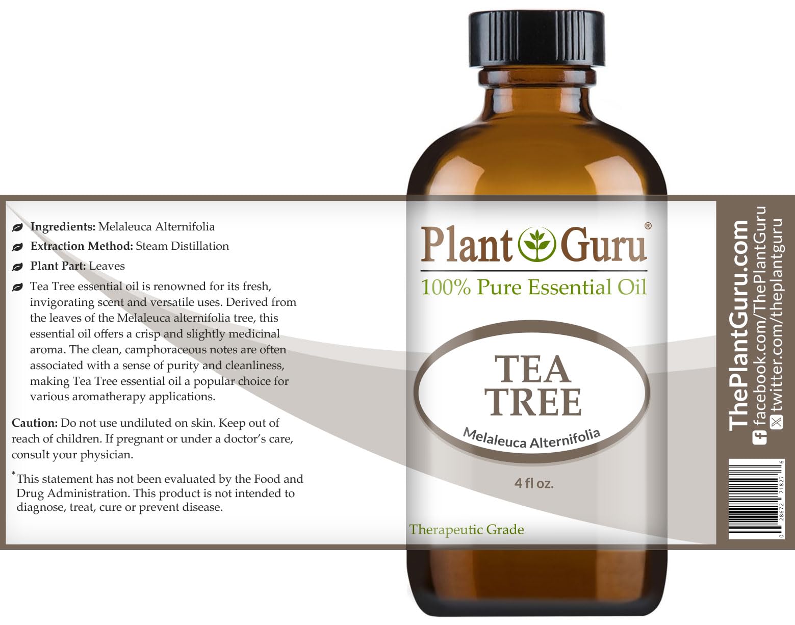 Plant Guru huile essentielle arbre à thé — compte-gouttes et étiquette montrant pureté thérapeutique.