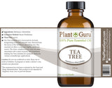 Plant Guru huile essentielle arbre à thé — compte-gouttes et étiquette montrant pureté thérapeutique.