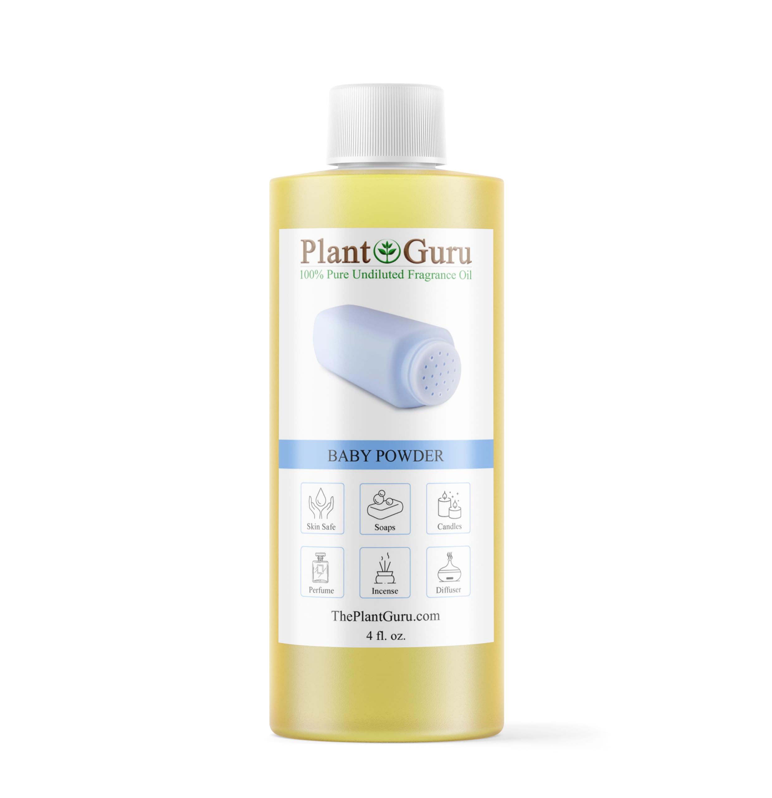 Huile parfum poudre bébé Plant Guru en bouteille, parfum subtil et durable.