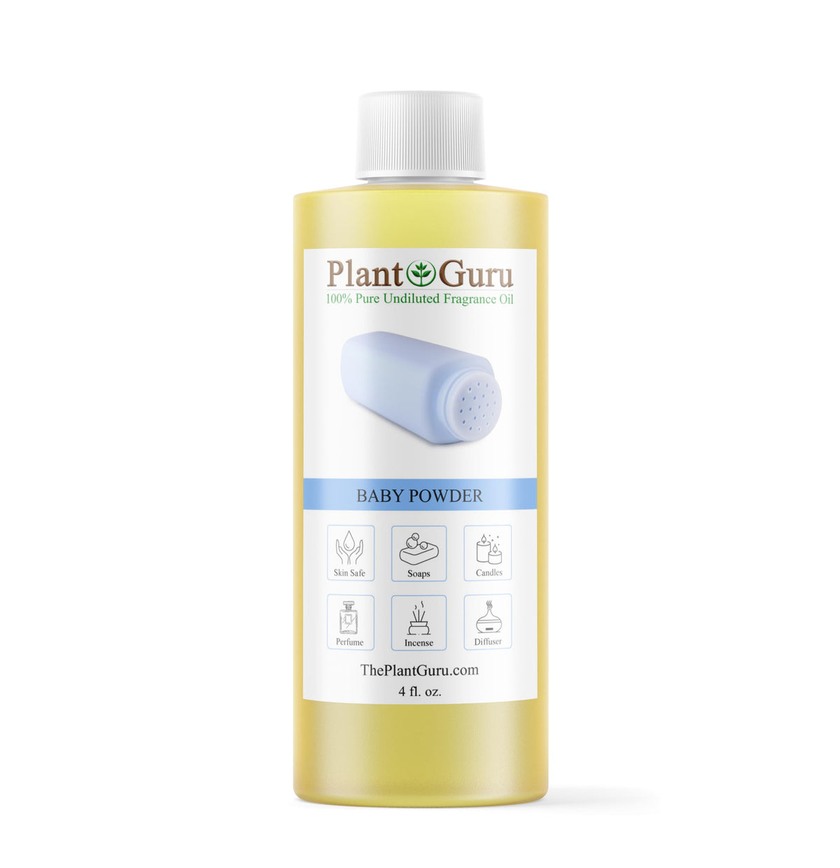 Huile parfum poudre bébé Plant Guru en bouteille, parfum subtil et durable.